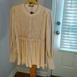 Sheilay Tan Prairie Fabric Lace Ruffle Babydoll Puff Long Sleeves Blouse Size M